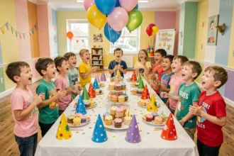 Groupe d'enfants autour d'une table d'anniversaire décorée dans une salle de fête à Lille
