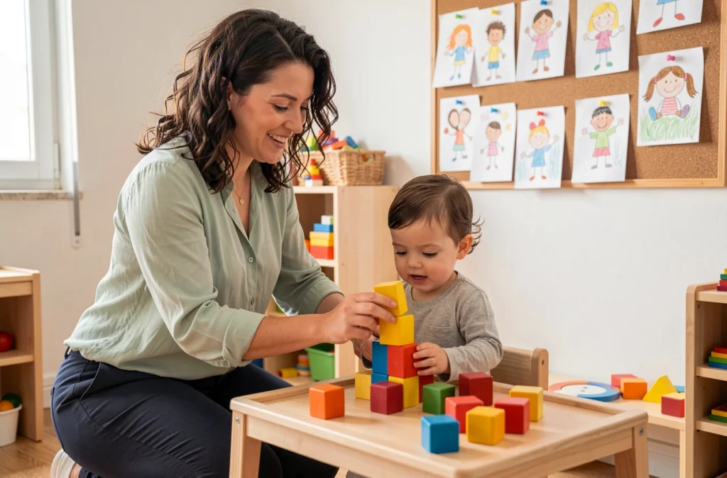 Armelle Gaëlle, assistante maternelle du secteur Montaudran à Toulouse, aidant un enfant à empiler des cubes en bois