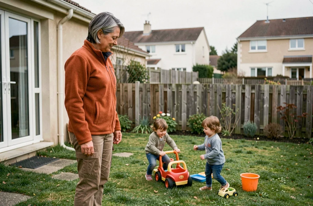 Assistante maternelle à Villeneuve-Tolosane, surveillant deux enfants jouant dans un jardin sécurisé d'une maison pavillonnaire