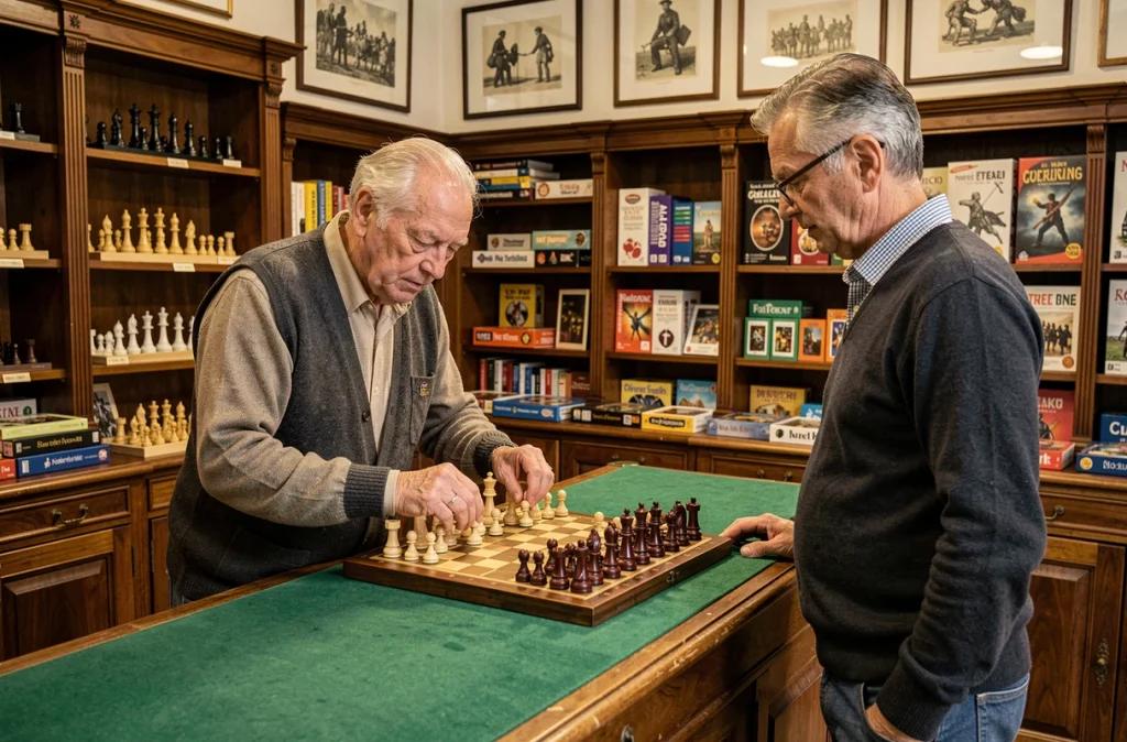 Boutique Au Tapis Vert à Saint-Étienne, un gérant âgé arrange un jeu d'échecs sur un comptoir recouvert de feutre vert pour un client dans une atmosphère de salon de jeux traditionnel