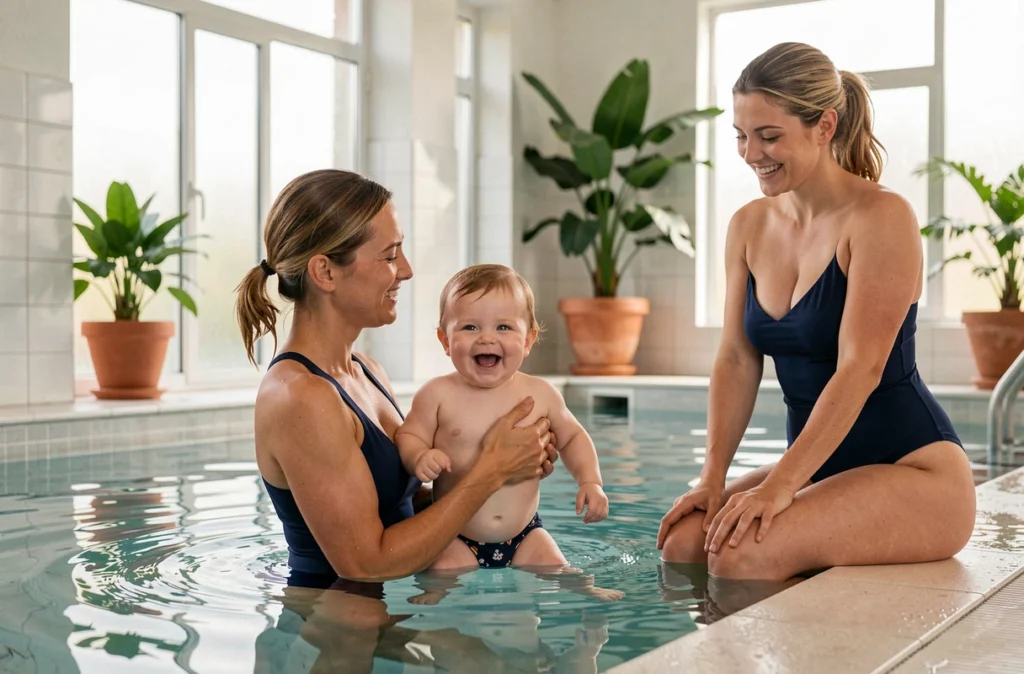 Instructrice soutenant un bébé nageur dans la piscine privée de l'Azurea Club à Aix-en-Provence