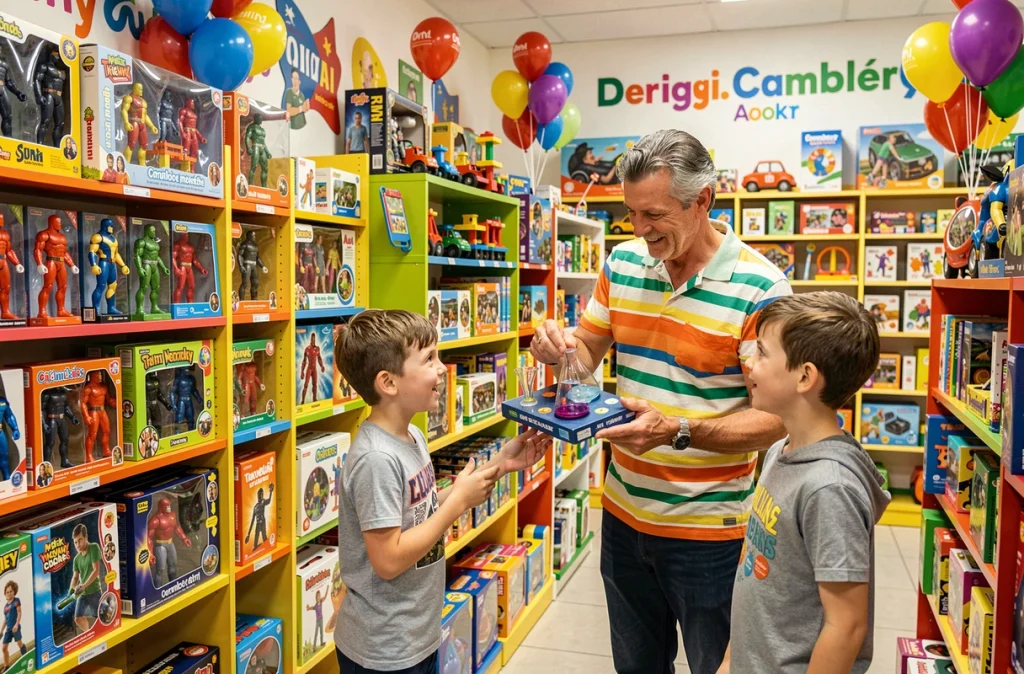 Boutique Bidiboule à Chambéry, un vendeur enthousiaste présente un kit d'expériences scientifiques à deux garçons excités dans un magasin coloré et animé