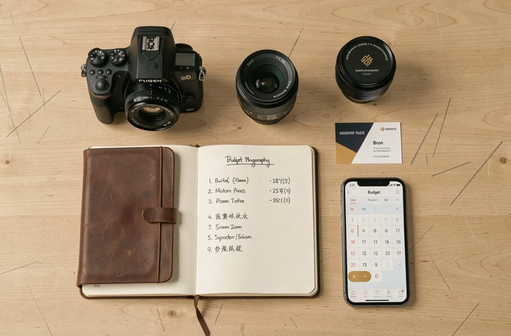 Vue en plongée d'un bureau avec matériel photo, carnet de tarifs et calculateur de budget pour un photographe à Bron