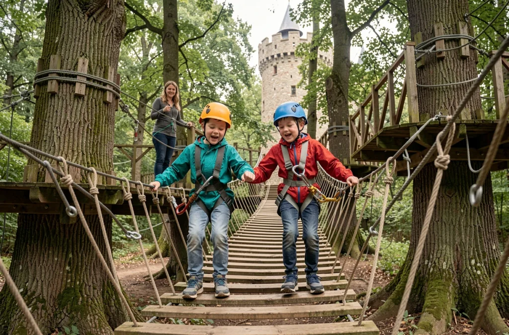 Deux enfants traversant un pont de corde suspendu au Château des Aventuriers en Vendée