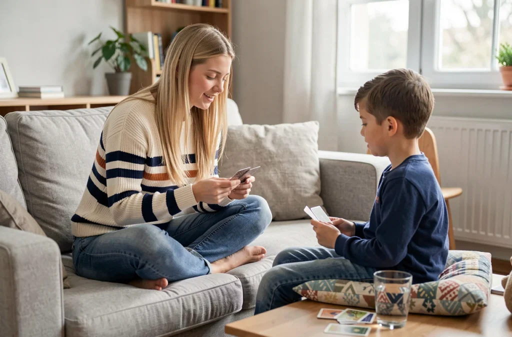 Clémentine Araignon, baby-sitter à Tournefeuille, jouant à un jeu de cartes avec un enfant en âge scolaire sur un canapé confortable