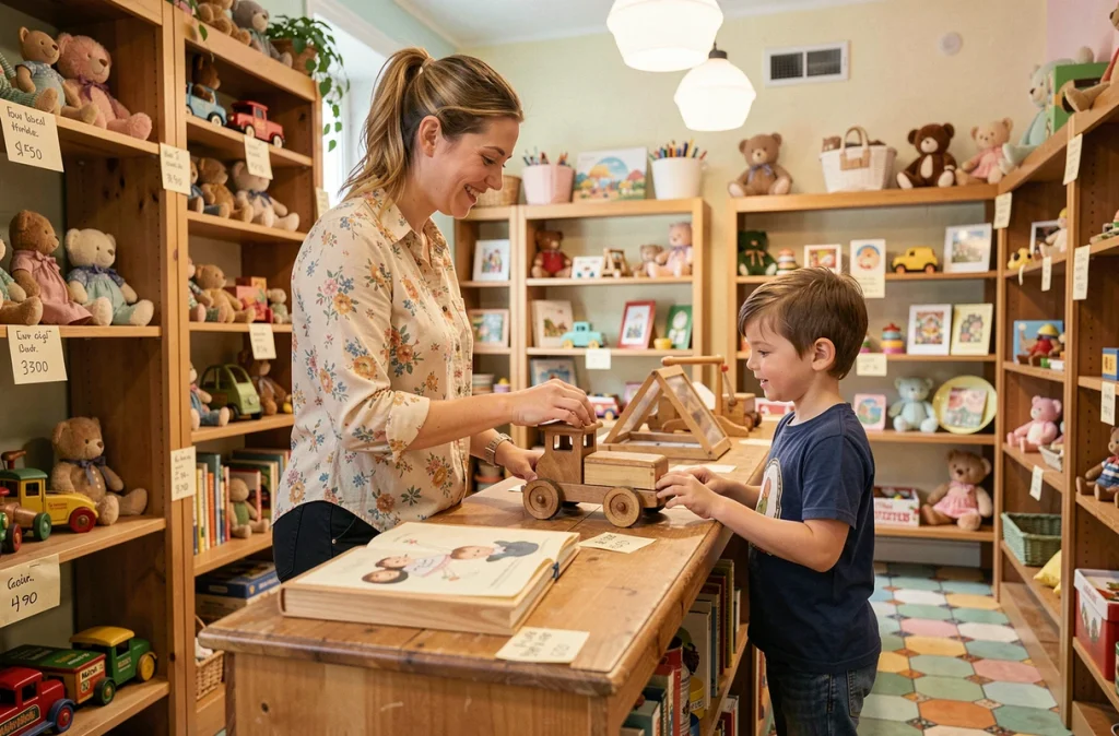 Boutique Cligne-musette à Chamalières, vendeuse souriante aidant une fillette à examiner un jouet en bois traditionnel dans un décor chaleureux et nostalgique