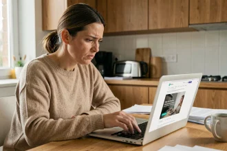 Femme examinant un e-mail suspect sur un ordinateur portable, repérant les signaux d'arnaque d'un site web frauduleux
