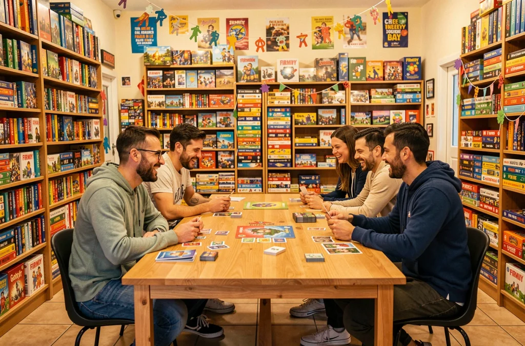 Boutique Fêtes Vos Jeux à Firminy, quatre adultes rient et jouent à un jeu de cartes autour d'une grande table communautaire lors d'une soirée jeux en magasin entouré de rayons colorés