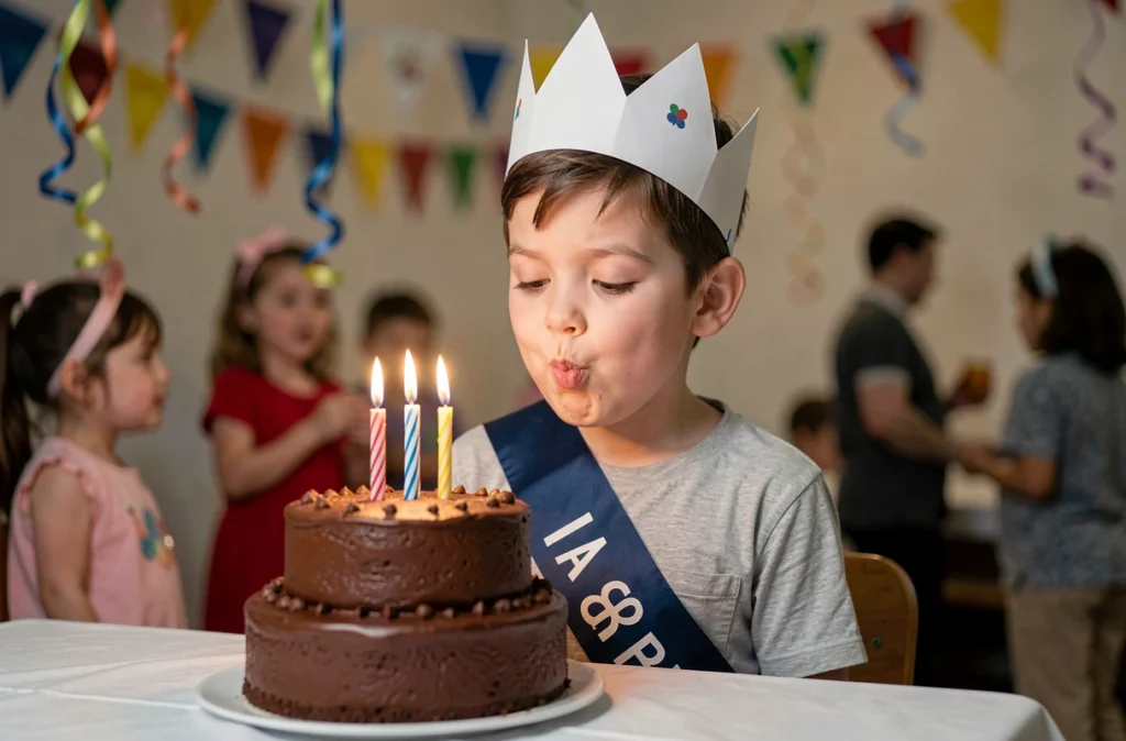 Jeune garçon soufflant les bougies de son gâteau d'anniversaire lors d'une fête organisée à Lille