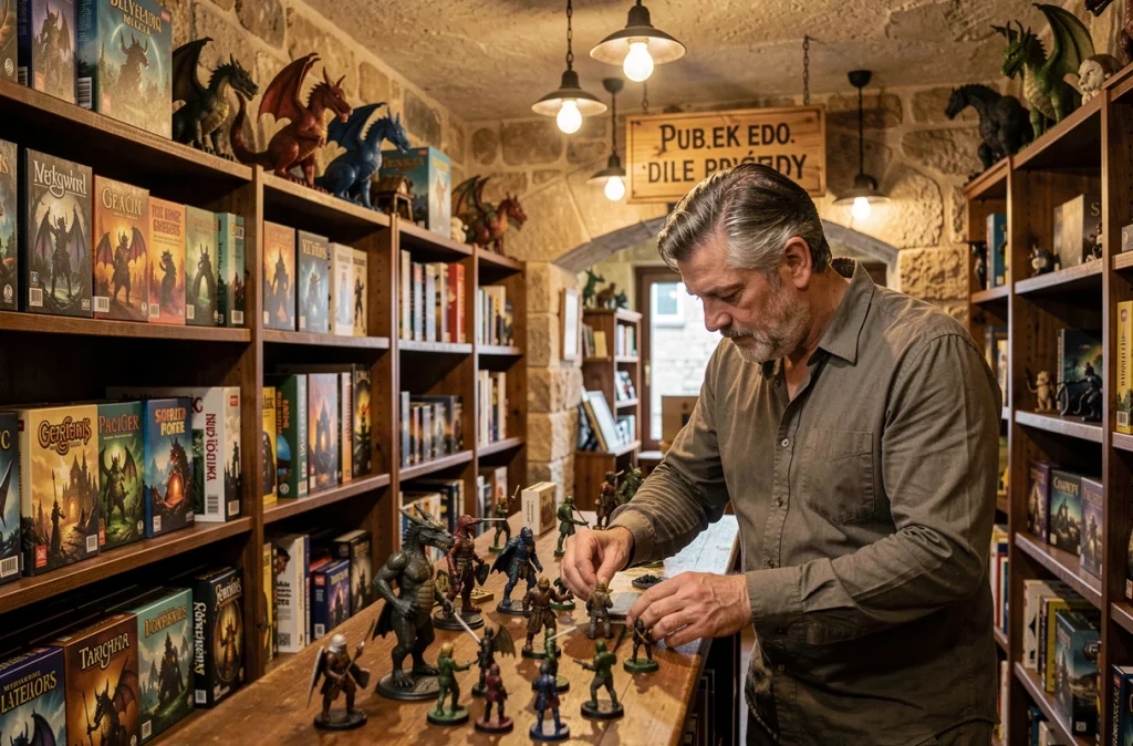 Boutique spécialisée Grimgaard à Chambéry avec son ambiance médiévale-fantastique, rayons de jeux de rôle et figurines, gérant arrangeant des miniatures sur le comptoir