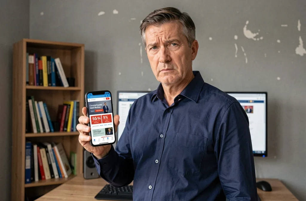 Homme scrutant une offre promotionnelle douteuse sur smartphone, identifiant les arnaques d'un site e-commerce frauduleux