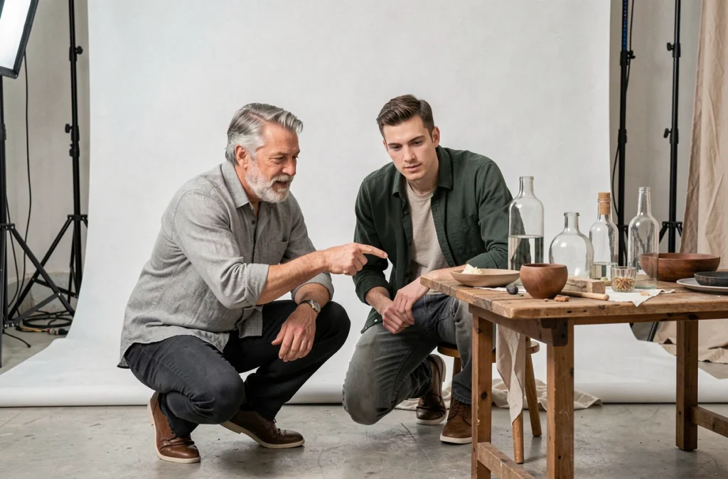 Instructeur de photographie expliquant la gestion de la lumière à un élève dans un studio professionnel