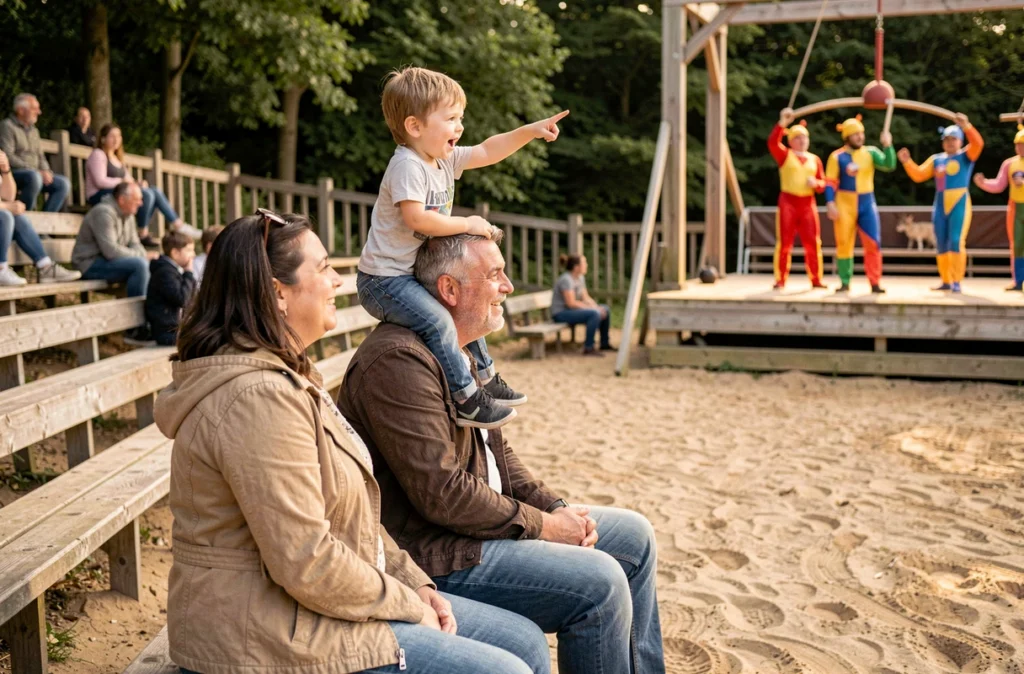 Une famille regardant un spectacle animalier en plein air à Legendia Parc à Frossay