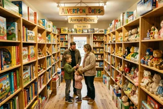 Intérieur coloré d'un magasin de jouets indépendant en Auvergne-Rhône-Alpes avec des rayons remplis de jeux de société, jouets en bois et figurines, une famille parcourant les allées