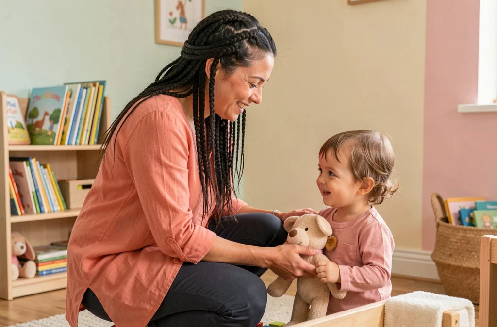 Malhika, assistante maternelle à Cornebarrieu, interagissant avec tendresse avec un tout-petit dans une salle de jeux organisée