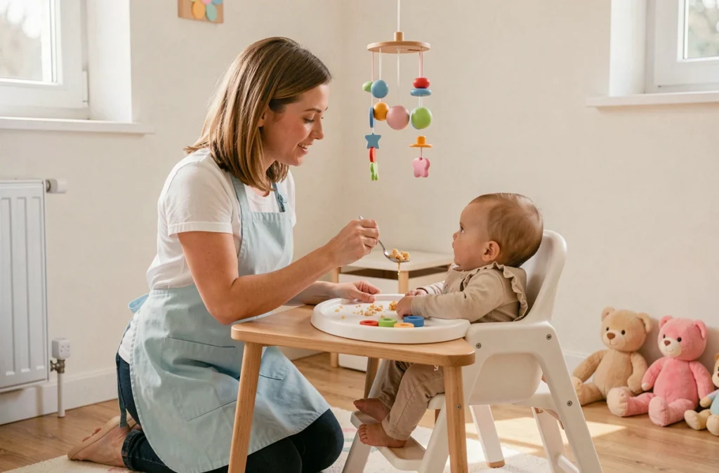 Mamou, spécialiste de l'accueil petite enfance à Colomiers, donnant à manger à un nourrisson dans un coin nurserie aménagé
