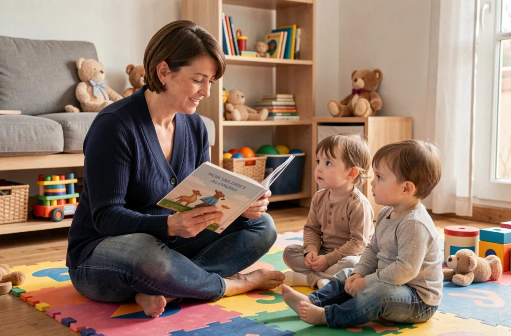Marie-Pierre, assistante maternelle agréée à Toulouse, lisant un livre à des enfants en bas âge sur un tapis de jeu coloré