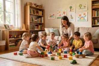 Scène d'accueil familial en Occitanie avec une assistante maternelle entourée d'enfants jouant dans une pièce chaleureuse