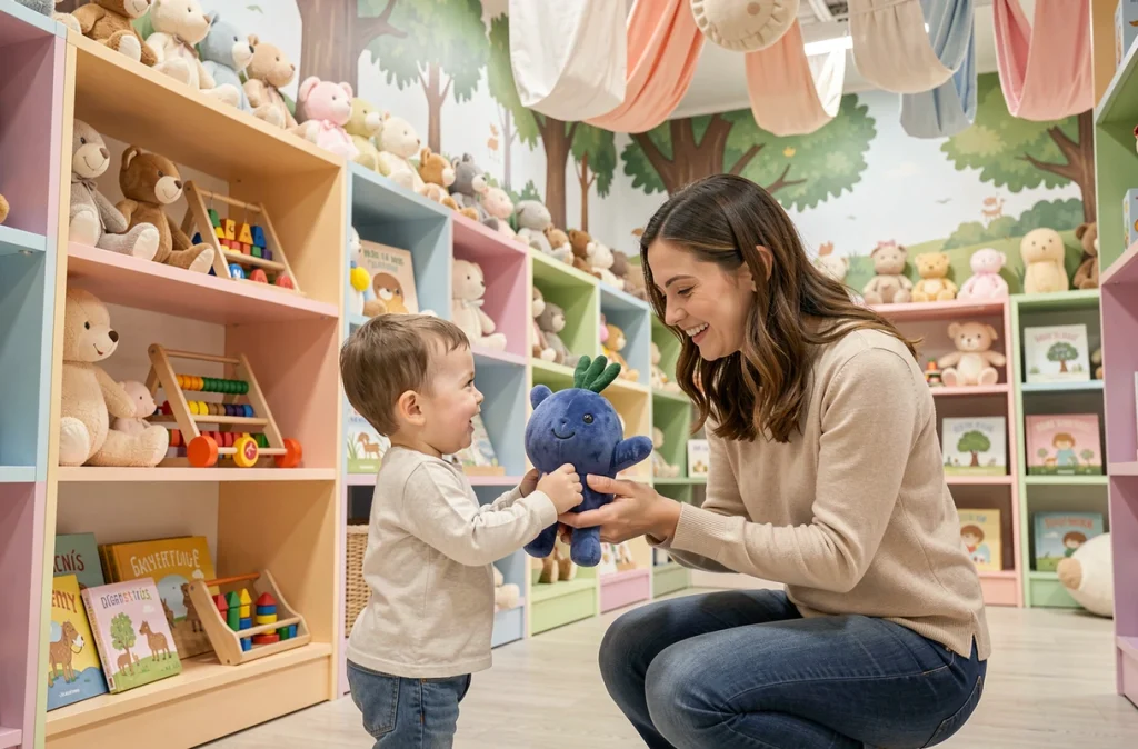 Boutique Myrtille à Villefranche-sur-Saône, une vendeuse agenouillée tend un doudou en forme de myrtille à un tout-petit souriant dans un décor féerique aux couleurs pastel