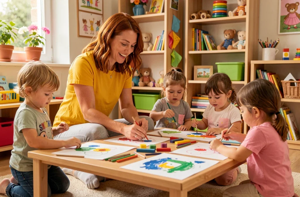 Ninie, garde d'enfants tous âges à Plaisance-du-Touch, animant une activité créative avec plusieurs enfants autour d'une table