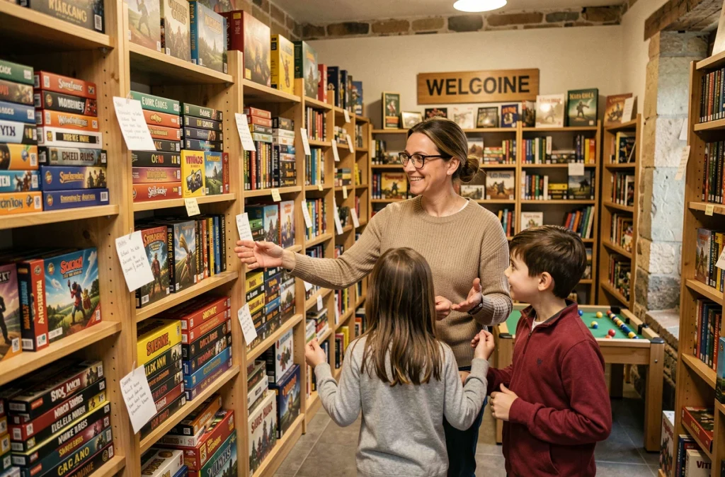 Boutique O Tour du Jeu à La Talaudière, une libraire guide une famille parmi les rayons de jeux de société avec des fiches de recommandations manuscrites sur les étagères