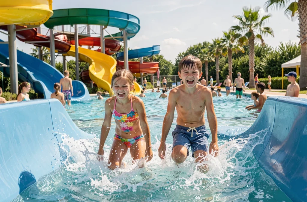 Deux enfants éclaboussant au bas d'un toboggan aquatique à O'Gliss Park en Vendée