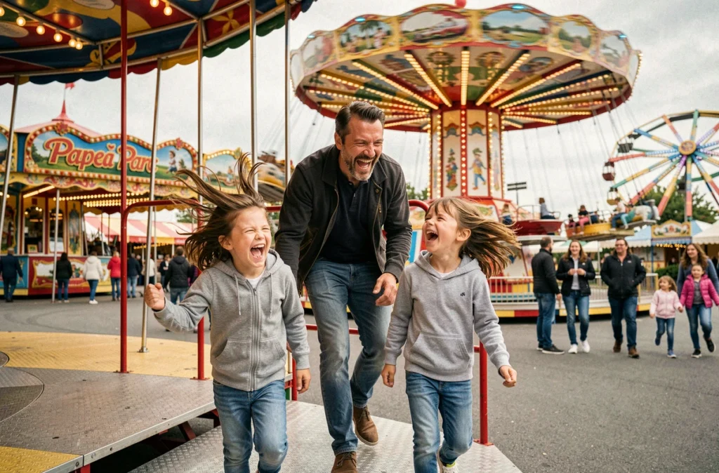 Un père et ses deux enfants riant en sortant d'un manège coloré au Papea Parc près du Mans