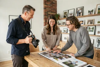 Photographe professionnel consultant avec un couple dans un studio photo à Saint-Nicolas