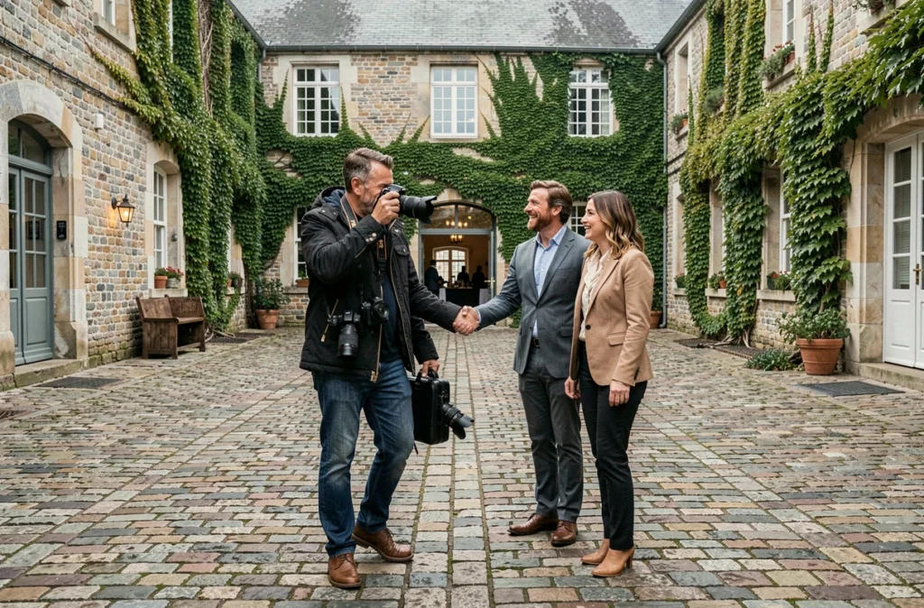 Photographe arrivant rapidement sur un lieu d'événement à Cherbourg pour une séance de dernière minute en cour pavée normande