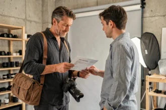 Photographe professionnel présentant un devis tarifaire à un client dans un studio photo moderne à Bron
