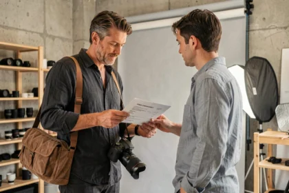 Photographe professionnel présentant un devis tarifaire à un client dans un studio photo moderne à Bron