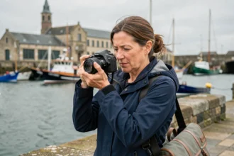 Photographe professionnelle disponible rapidement au port de Cherbourg, consultant son appareil photo avec les bateaux en arrière-plan