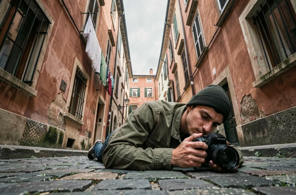 Photographe en plein air maîtrisant la lumière naturelle dans une ruelle européenne pavée