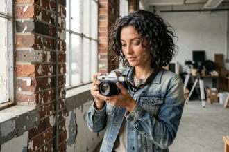 Photographe femme étudiant la lumière naturelle dans un entrepôt industriel avec un appareil photo argentique