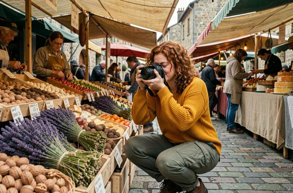Jeune photographe en train de capturer des images au marché en plein air de Cahors parmi les produits régionaux du Quercy