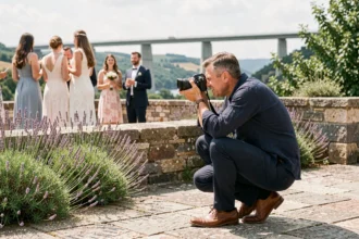 Photographe professionnel capturant une cérémonie de mariage en extérieur à Millau avec le Viaduc en arrière-plan