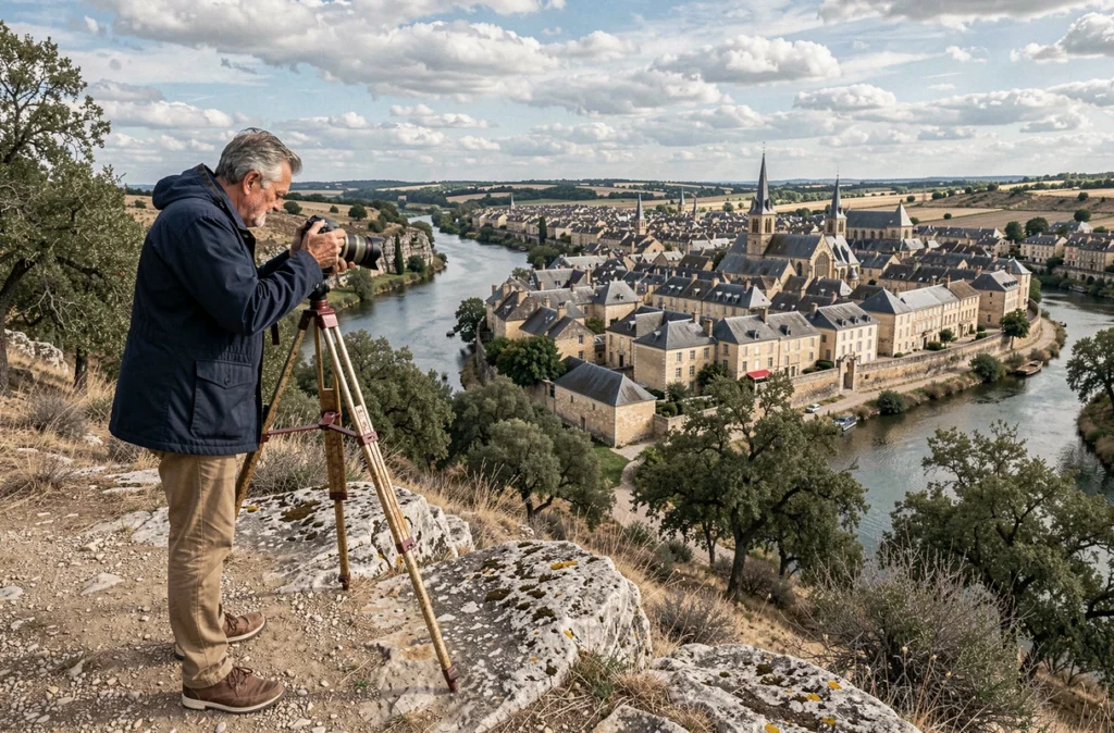 Photographe professionnel installant son trépied sur un point de vue panoramique surplombant la vieille ville de Cahors et le méandre du Lot
