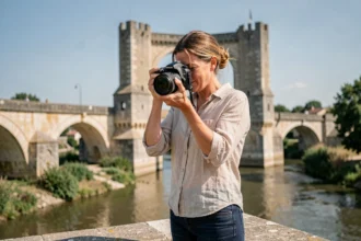 Photographe professionnelle ajustant son appareil photo sur le Pont Valentré à Cahors avec les tours médiévales en arrière-plan