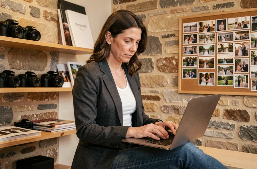 Photographe professionnelle révisant des photos d'événements sur ordinateur dans un studio à Millau
