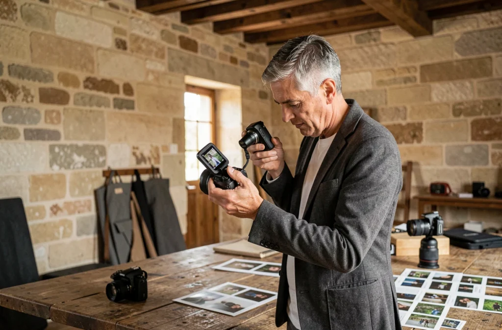 Photographe masculin révisant ses clichés dans un studio en pierre typique de l'architecture du Quercy à Cahors