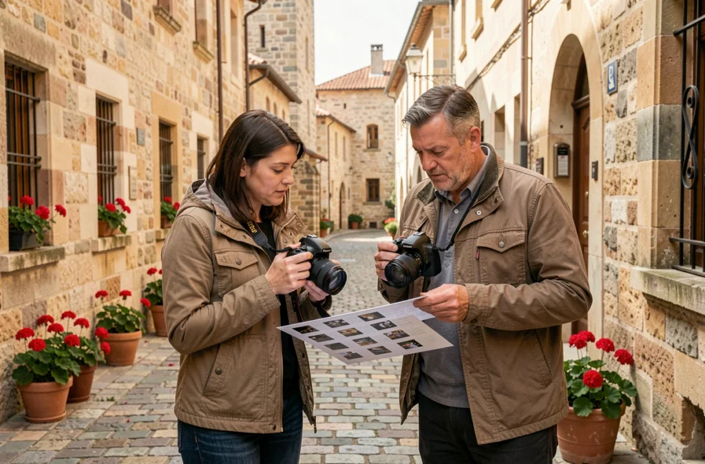 Deux photographes discutant d'un projet événementiel dans les rues pittoresques du vieux Millau