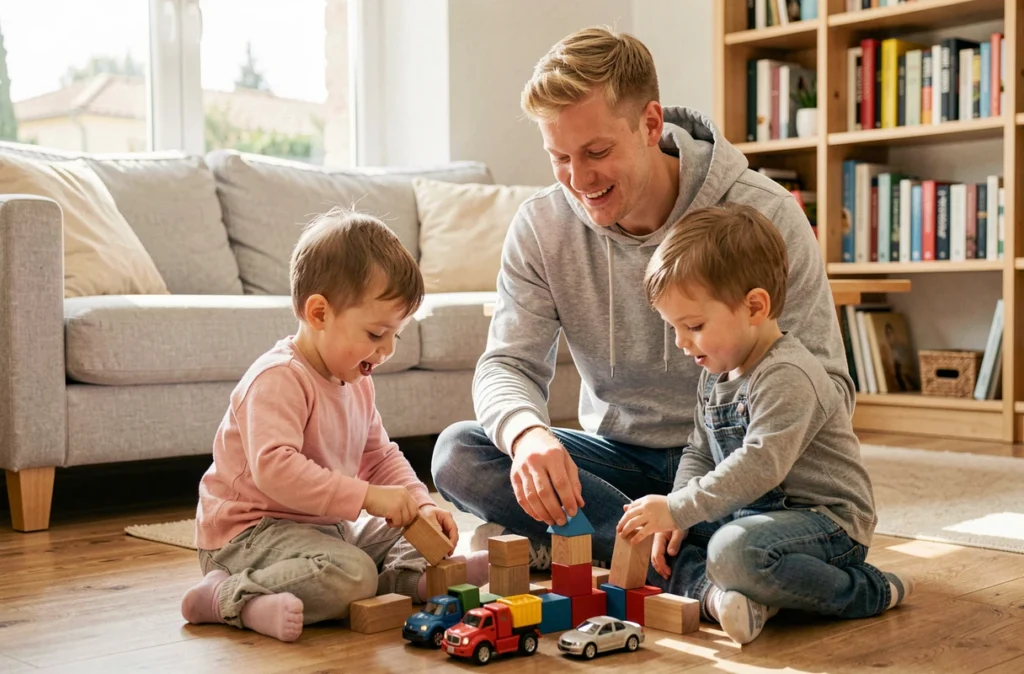 Pierre Aldegheri, baby-sitter et garde d'enfants à Plaisance-du-Touch, jouant avec des jeunes enfants sur le sol d'un salon