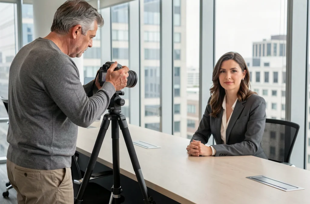 Photographe professionnel réalisant un portrait corporate en intérieur à Saint-Nicolas
