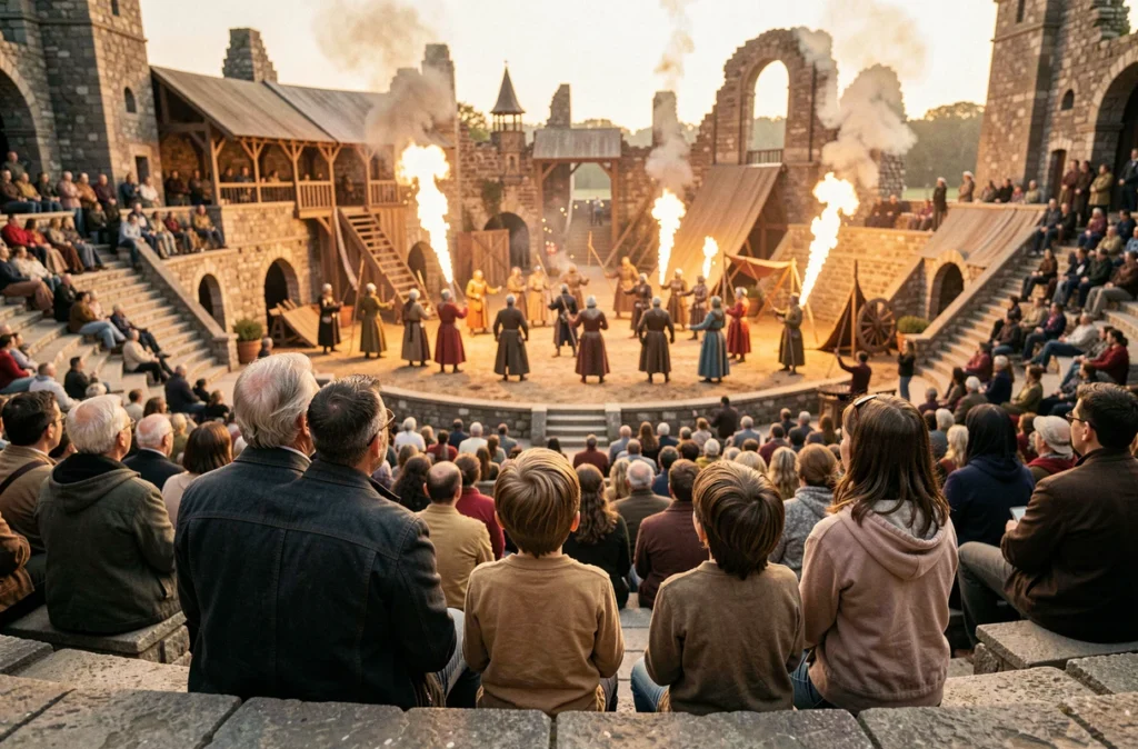 Une famille assistant à un grand spectacle historique en plein air au Puy du Fou en Vendée