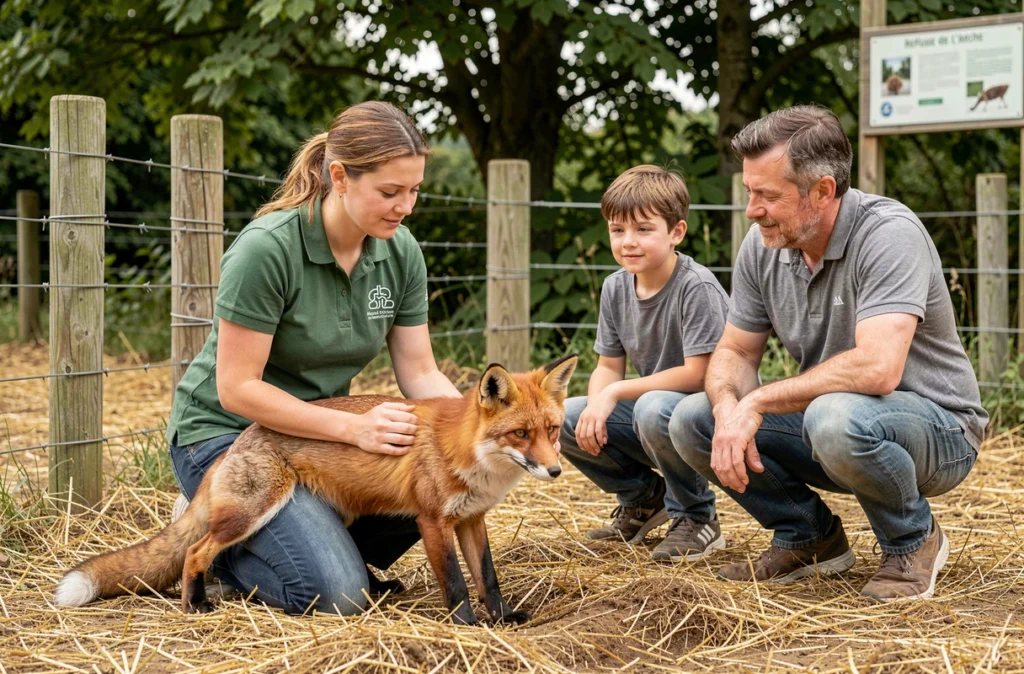 Un soigneur présentant un renard roux à une famille au Refuge de l'Arche en Mayenne