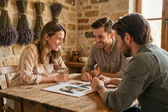 Couple rencontrant un photographe de mariage à Narbonne pour discuter de leur projet