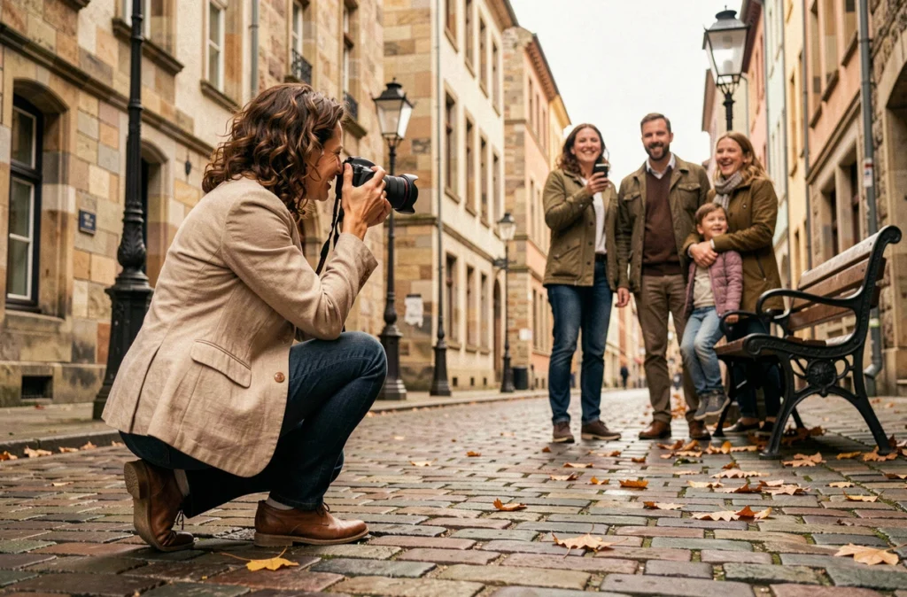 Photographe en extérieur capturant une séance famille dans une rue historique de Saint-Nicolas