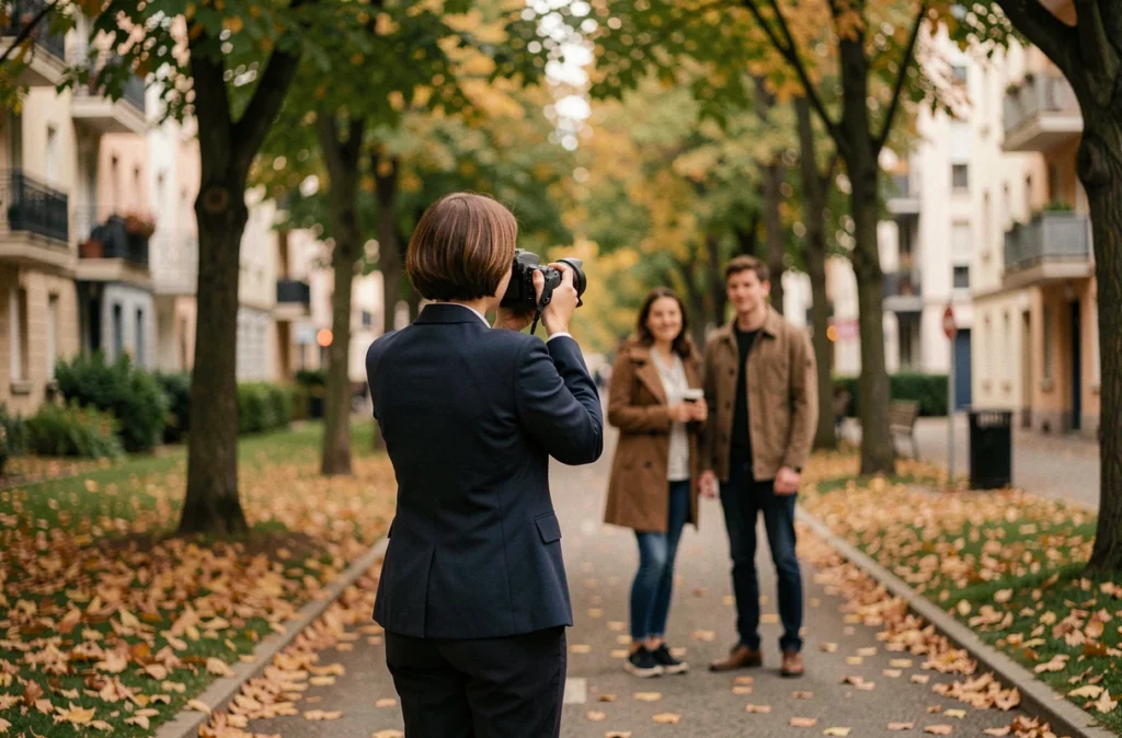 Photographe professionnelle en séance photo en extérieur avec un couple dans un parc urbain à Bron en automne