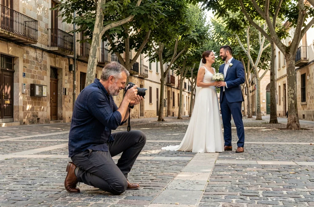 Photographe professionnel en séance avec des mariés au bord du Canal de la Robine à Narbonne
