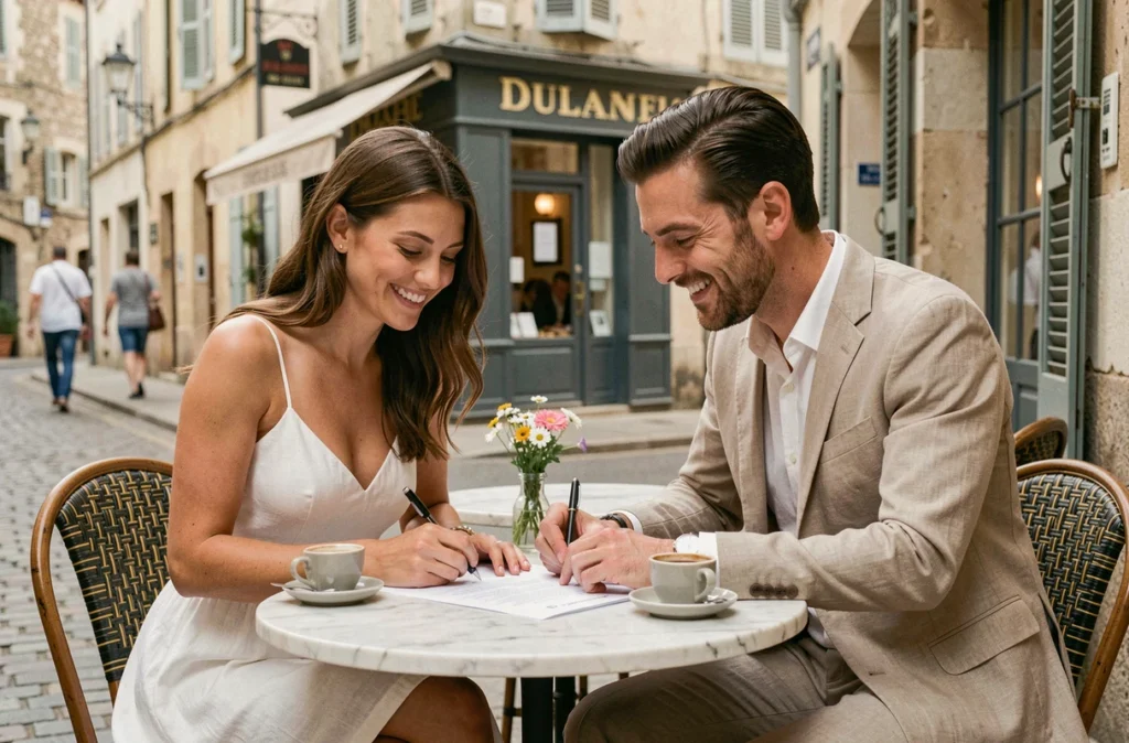Couple de mariés signant leur contrat avec un photographe de mariage dans un café à Narbonne